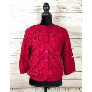 Vintage Red Laser Cut Wool Cardigan Sweater S